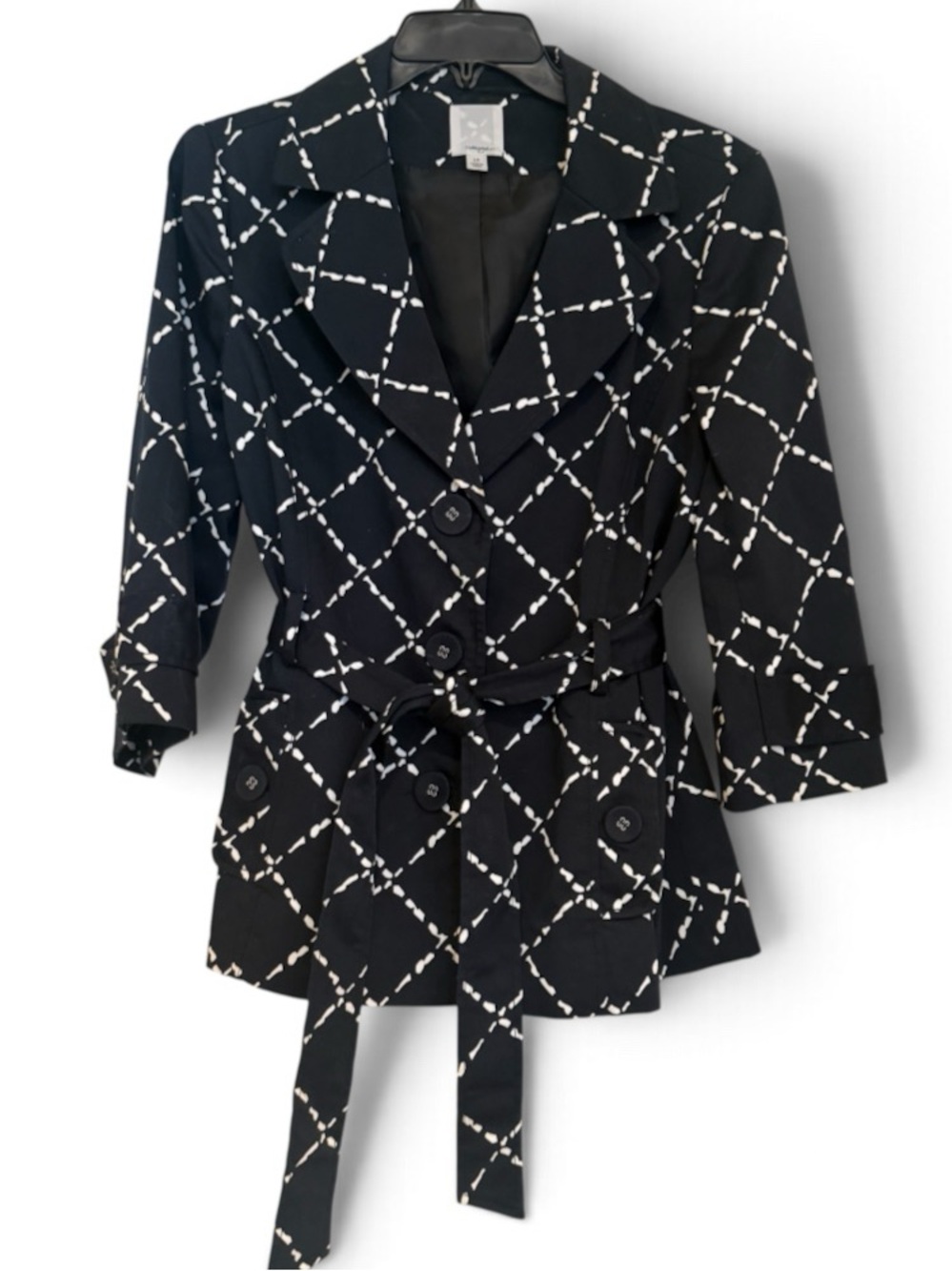 Halogen Black White Diamond Print Belted Trench Jacket Large Petite 3/4 Sleeve
